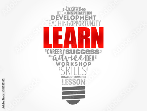 LEARN light bulb word cloud collage, education concept background