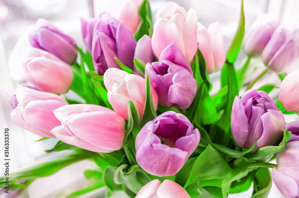 Beautiful bouquet of pink and purple tulips. Close up. A gift for a holiday or birthday