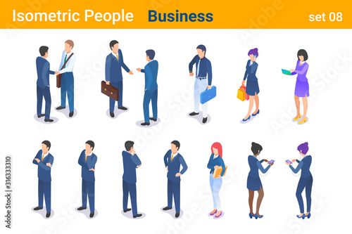Isometric Business People flat vector collection. Businessman and Businesswoman standing and walking back and front poses
