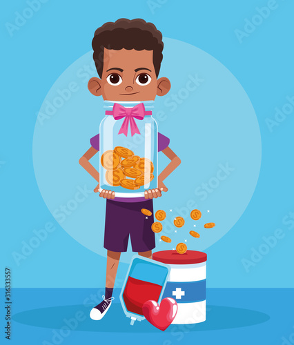 cartoon boy with blood bag, heart and donation tin, colorful design