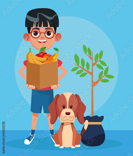 cute dog, plant and cartoon boy holding a paper bag with fruits