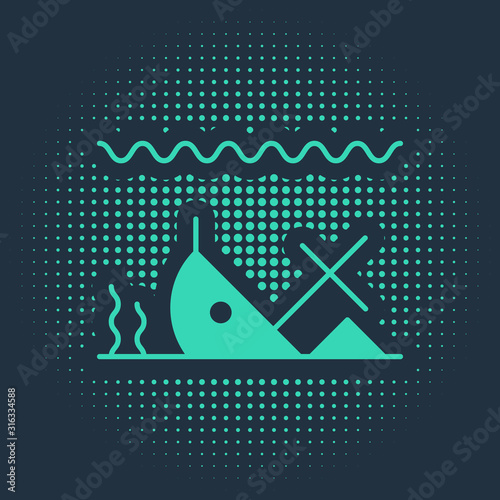 Green Sunken ship at the bottom of the sea icon isolated on blue background. Abstract circle random dots. Vector Illustration