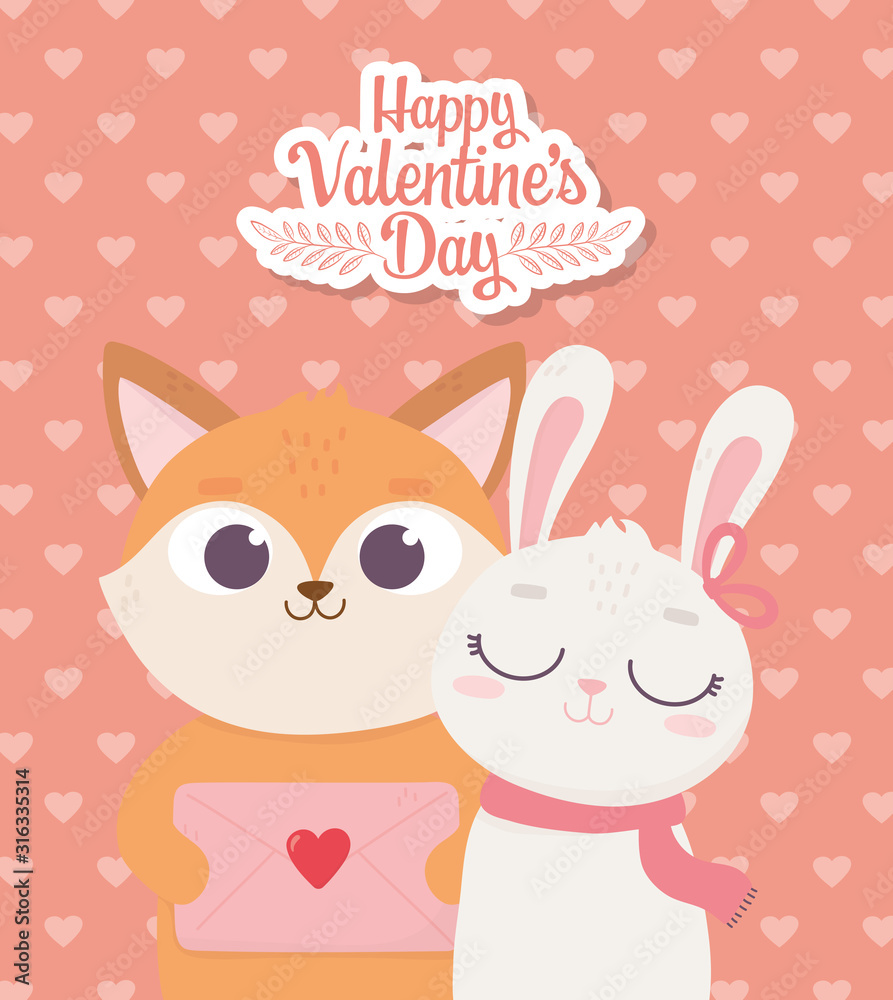 happy valentines day, cute fox with envelope letter and rabbit with scarf and hearts decoration happy valentines day, cute fox with envelope letter and rabbit with scarf and hearts decoration