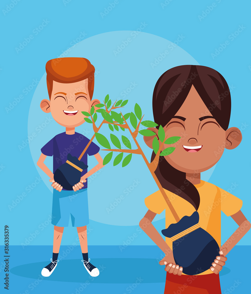 cartoon boy and girls with plants, colorful design cartoon boy and girls with plants, colorful design