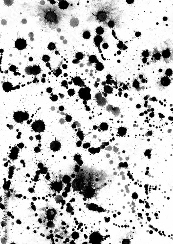 Black and white watercolor techniques on paper to make paint stroke stain and paper rough surface. Use Black ink Japanese zen wet on wet splash spatter dot drawing for art object and background.
