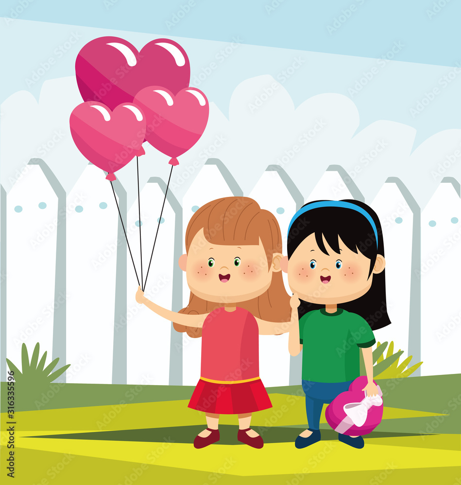 cartoon girls with heart balloons and chocolate box, colorful design