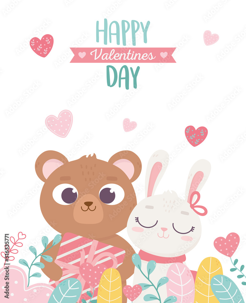 happy valentines day, cute bear with gift and rabbit hanging hearts love foliage decoration