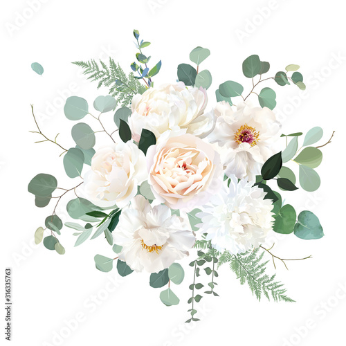 Fotografia Ivory beige rose, white and creamy woody peony, chrysanthemum flower vector desi