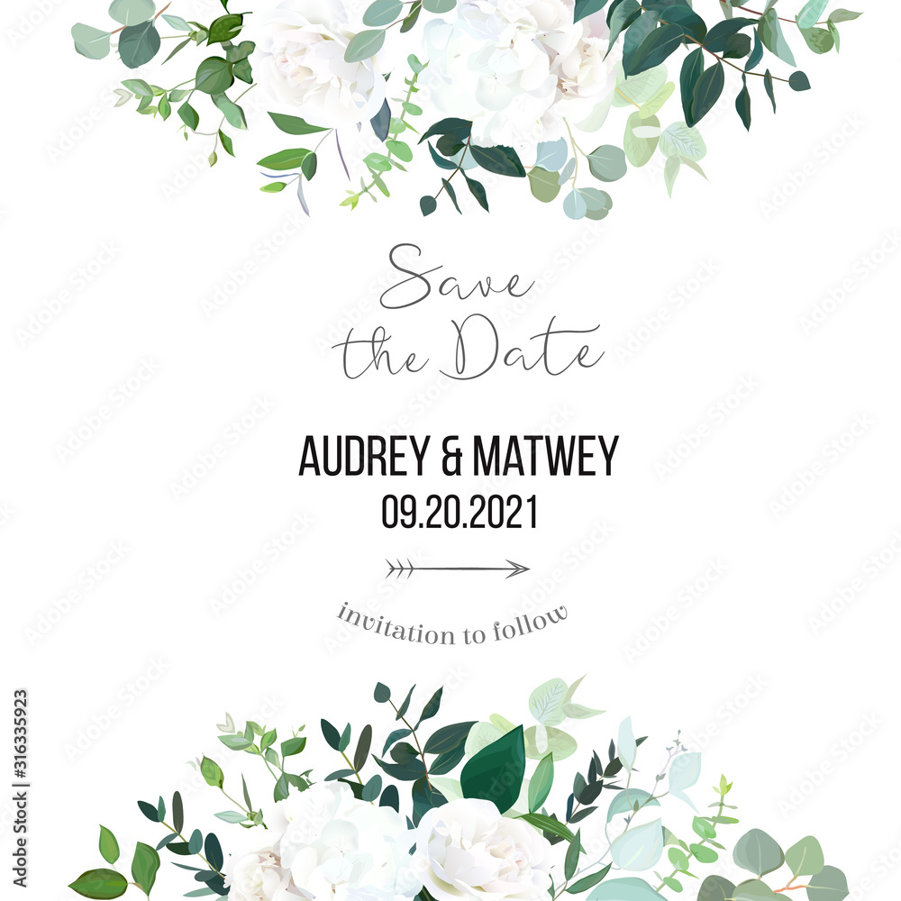 Floral vector banner frame with white rose, hydrangea, eucalyptus, emerald and mint greenery Floral vector banner frame with white rose, hydrangea, eucalyptus, emerald and mint greenery