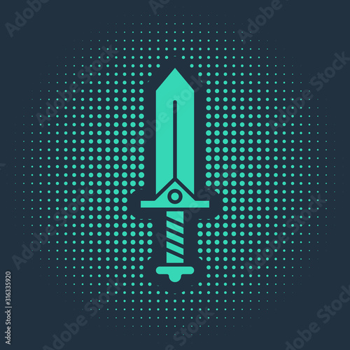 Green Sword for game icon isolated on blue background. Abstract circle random dots. Vector Illustration