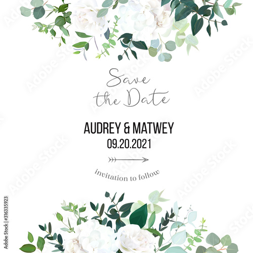 Floral vector banner frame with white rose, hydrangea, eucalyptus, emerald and mint greenery