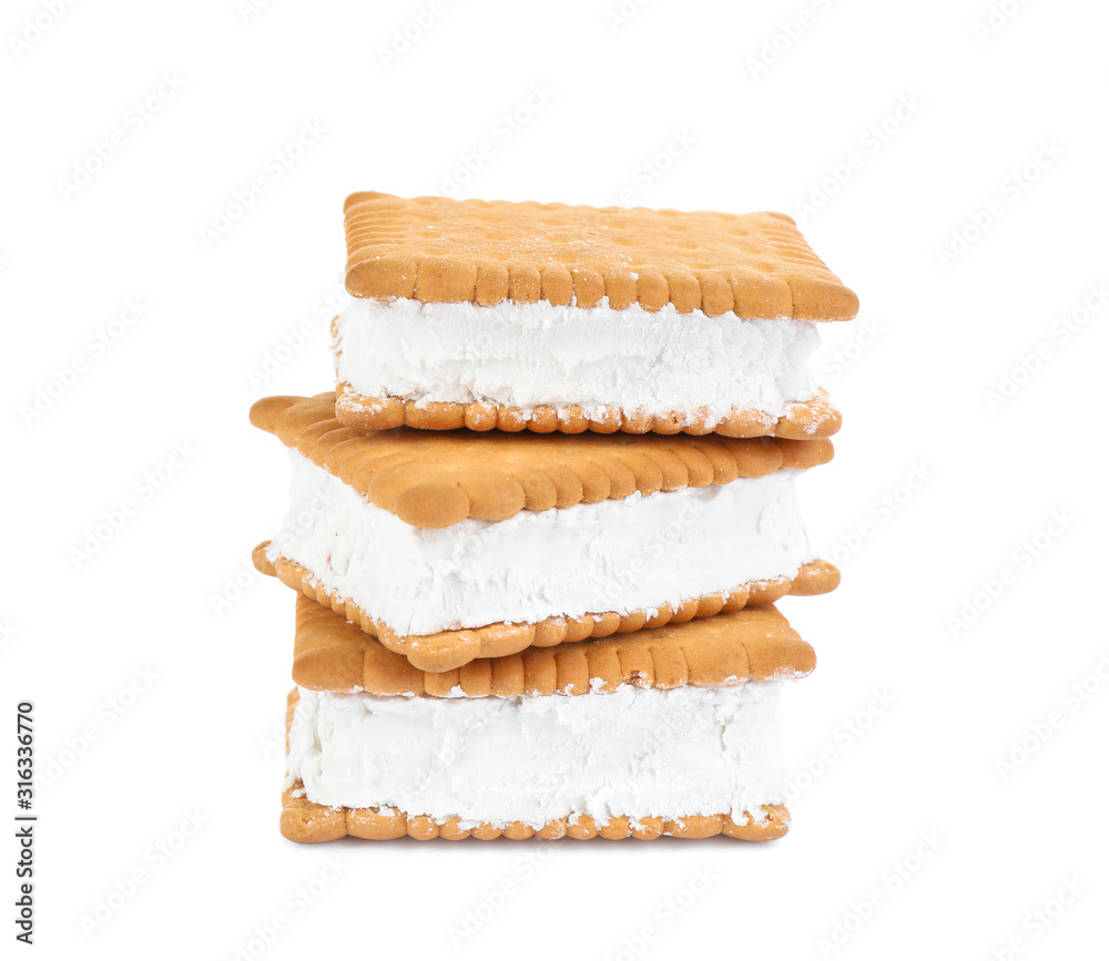 Sweet delicious ice cream cookie sandwiches isolated on white Sweet delicious ice cream cookie sandwiches isolated on white