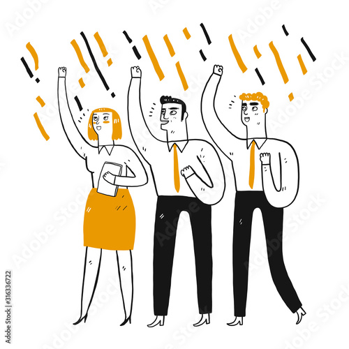 Businessman in teamwork, clenched fist raising in the air