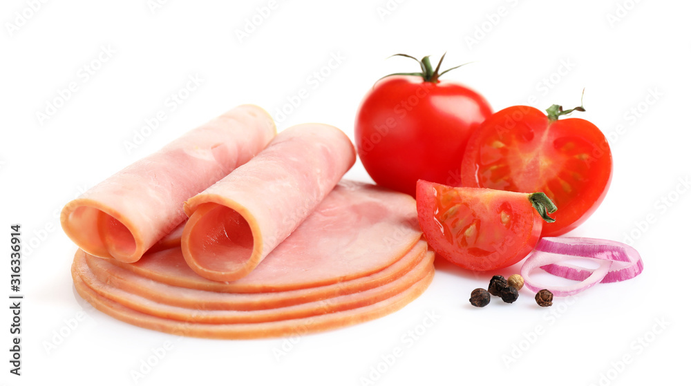 Slices of tasty fresh ham, vegetables and pepper isolated on white Slices of tasty fresh ham, vegetables and pepper isolated on white