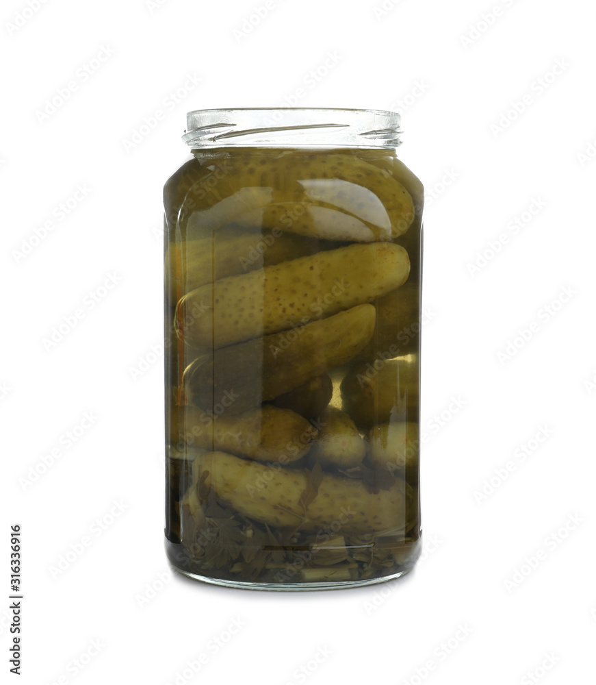 Glass jar with pickled cucumbers isolated on white Glass jar with pickled cucumbers isolated on white