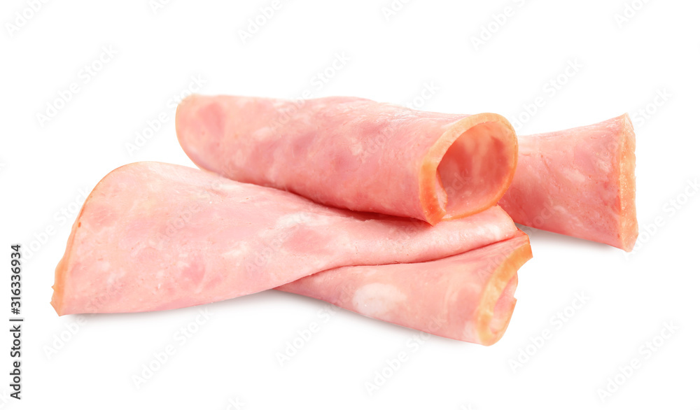 Slices of tasty fresh ham isolated on white Slices of tasty fresh ham isolated on white