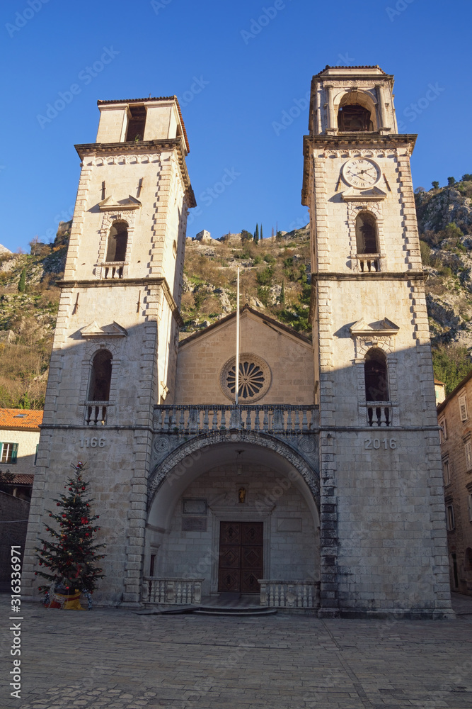 Montenegro. Old Town of Kotor, UNESCO-World Heritage Site. View of Cathedral of Saint Tryphon on sunny winter day