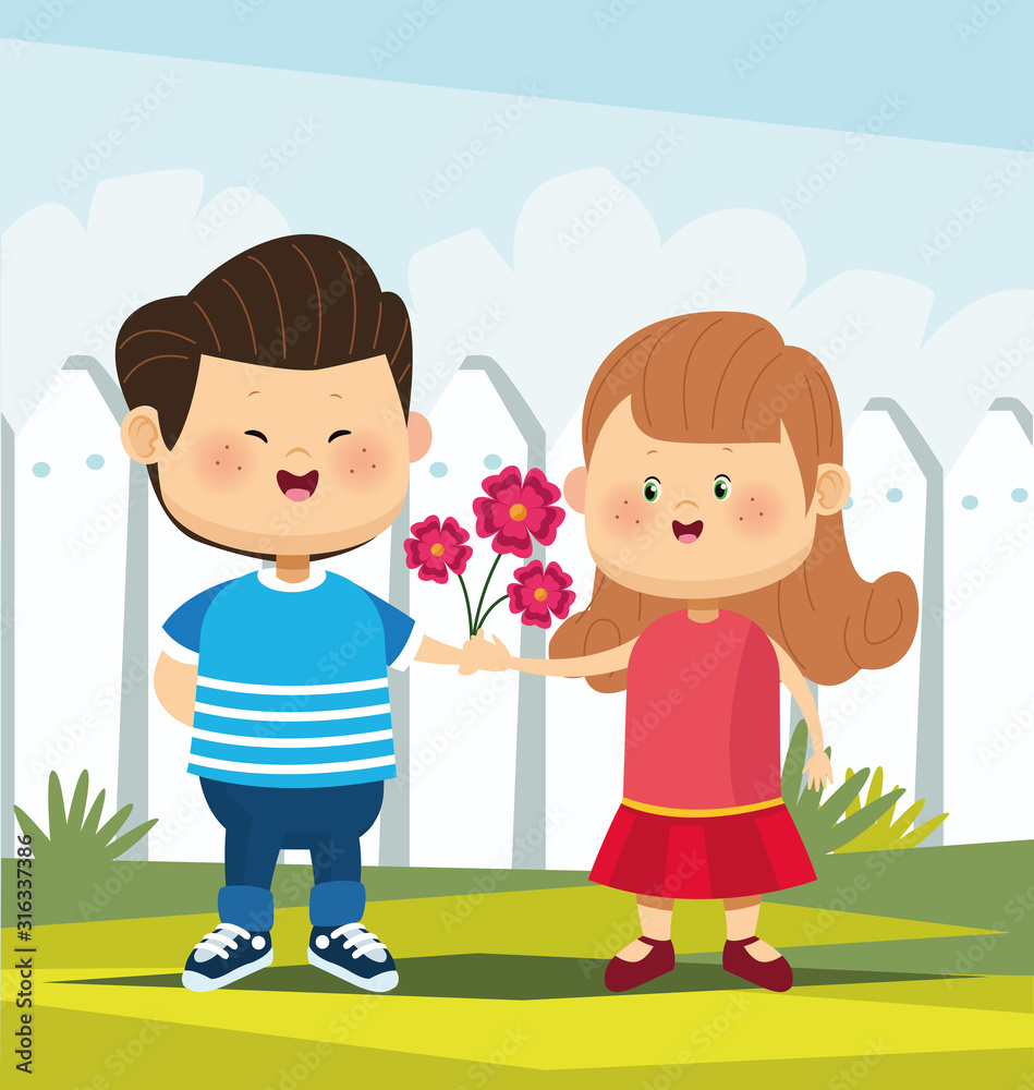 cute girl and boy in love with beautiful flowers, colorful design cute girl and boy in love with beautiful flowers, colorful design
