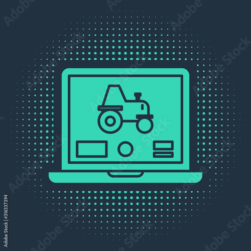 Green Laptop application for control a autonomous tractor on a smart farm icon isolated on blue background. Smart agriculture implement. Abstract circle random dots. Vector Illustration