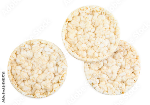 Puffed rice cakes isolated on white, top view. Healthy snack