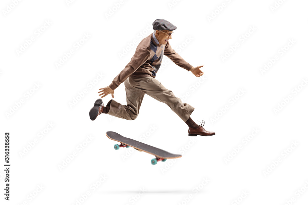 Energetic elderly man jumping with a skateboard Energetic elderly man jumping with a skateboard