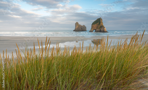 Wharariki Beach, Golden Bay, New Zealand. The rock formation at Wharariki Beach is one of the most photographed of New Zealand's South Island's landscapes.