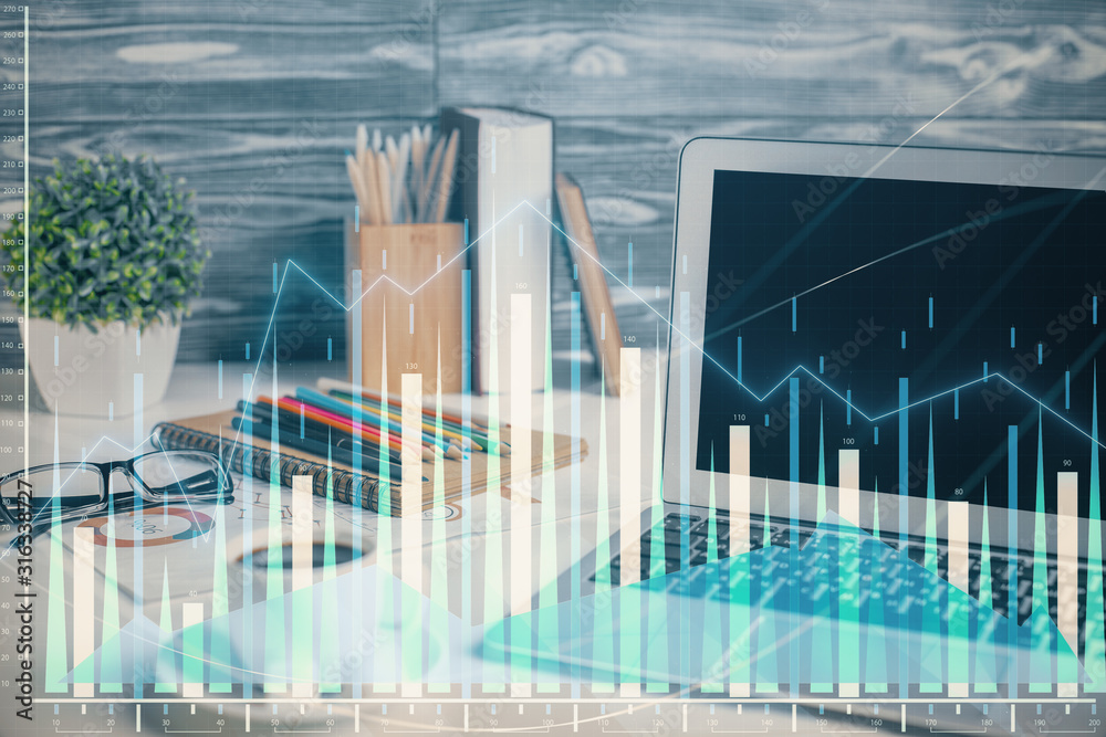 Stock market graph and table with computer background. Multi exposure. Concept of financial analysis. Stock market graph and table with computer background. Multi exposure. Concept of financial analysis.