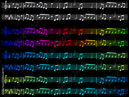 Musical notes in color on a black background. Melody melody symbol pattern. Color gradient. The musical theme.