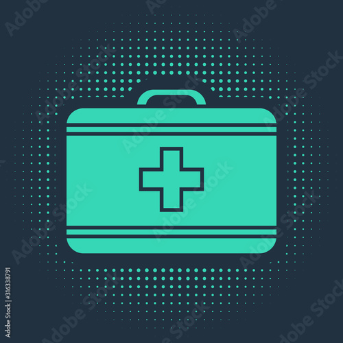 Green First aid kit icon isolated on blue background. Medical box with cross. Medical equipment for emergency. Healthcare concept. Abstract circle random dots. Vector Illustration