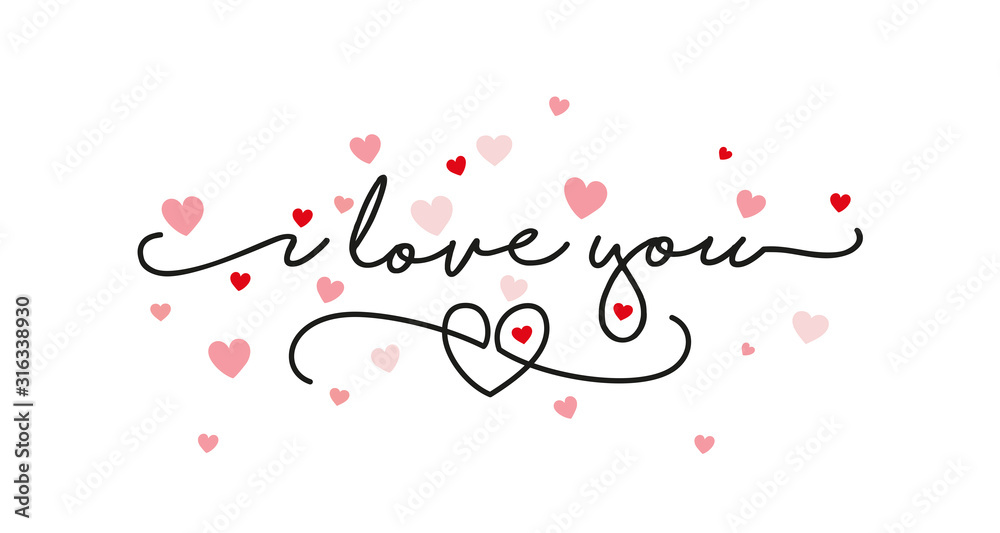 I love You handwritten typography lettering line design pink red hearts white Valentine's Day greeting card