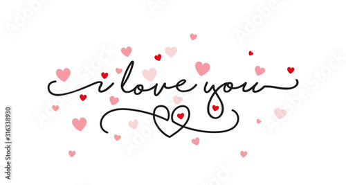 I love You handwritten typography lettering line design pink red hearts white Valentine's Day greeting card