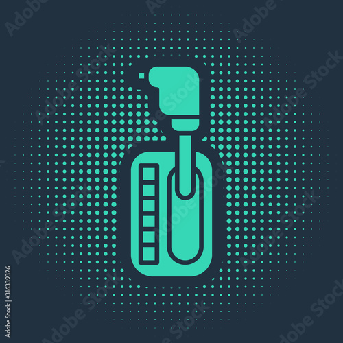 Green Gear shifter icon isolated on blue background. Transmission icon. Abstract circle random dots. Vector Illustration