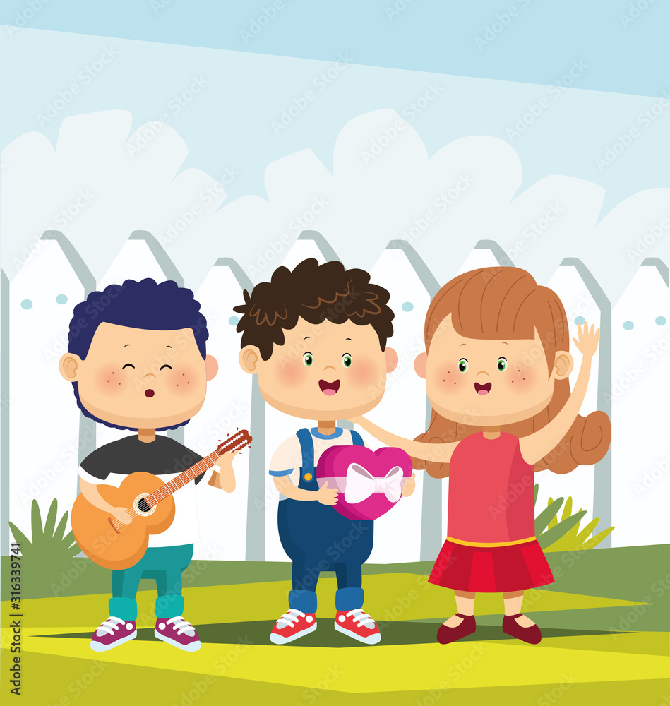 Cartoon happy couple and boy singing and playing guitar over white fence background