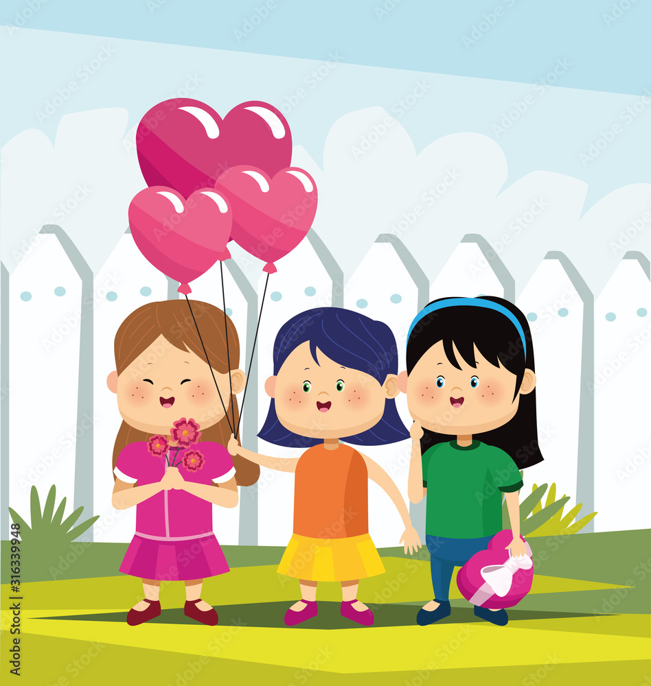 cute girls with flowers, chocolate box and heart balloons, colorful design cute girls with flowers, chocolate box and heart balloons, colorful design
