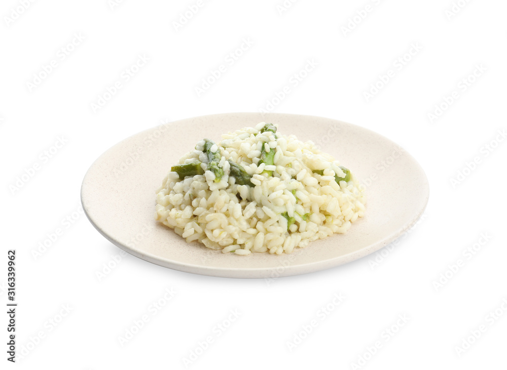 Delicious risotto with asparagus isolated on white Delicious risotto with asparagus isolated on white