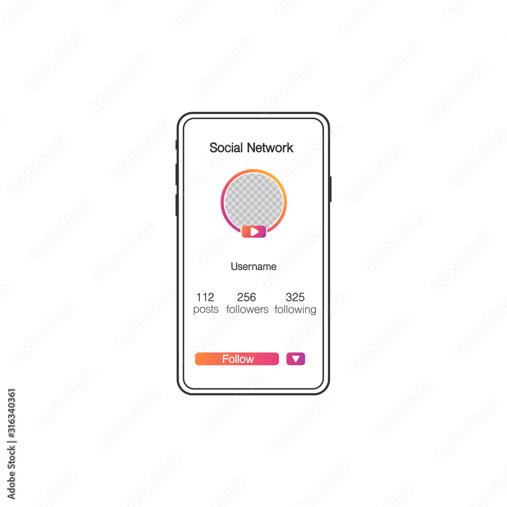 Social media preview page inspired. on the screen smartphone Internet profile information. Follow button. Photo mockup, template. Vector illustration Social media preview page inspired. on the screen smartphone Internet profile information. Follow button. Photo mockup, template. Vector illustration