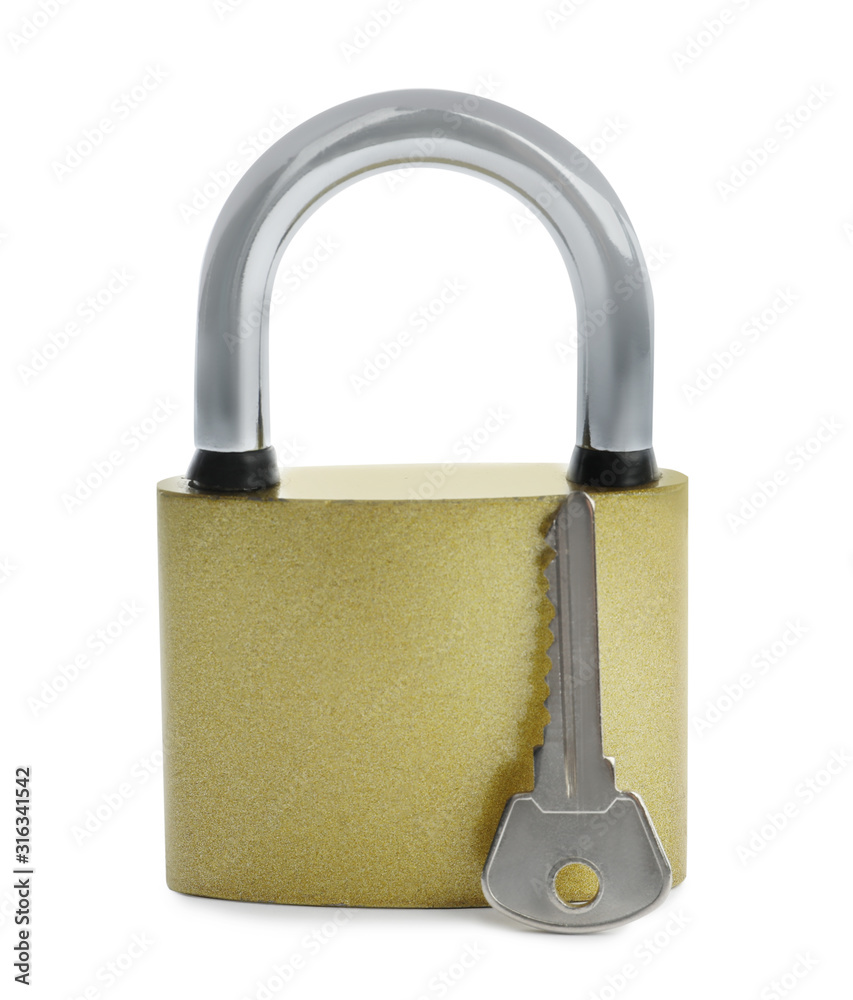 Steel padlock and key isolated on white. Safety concept Steel padlock and key isolated on white. Safety concept