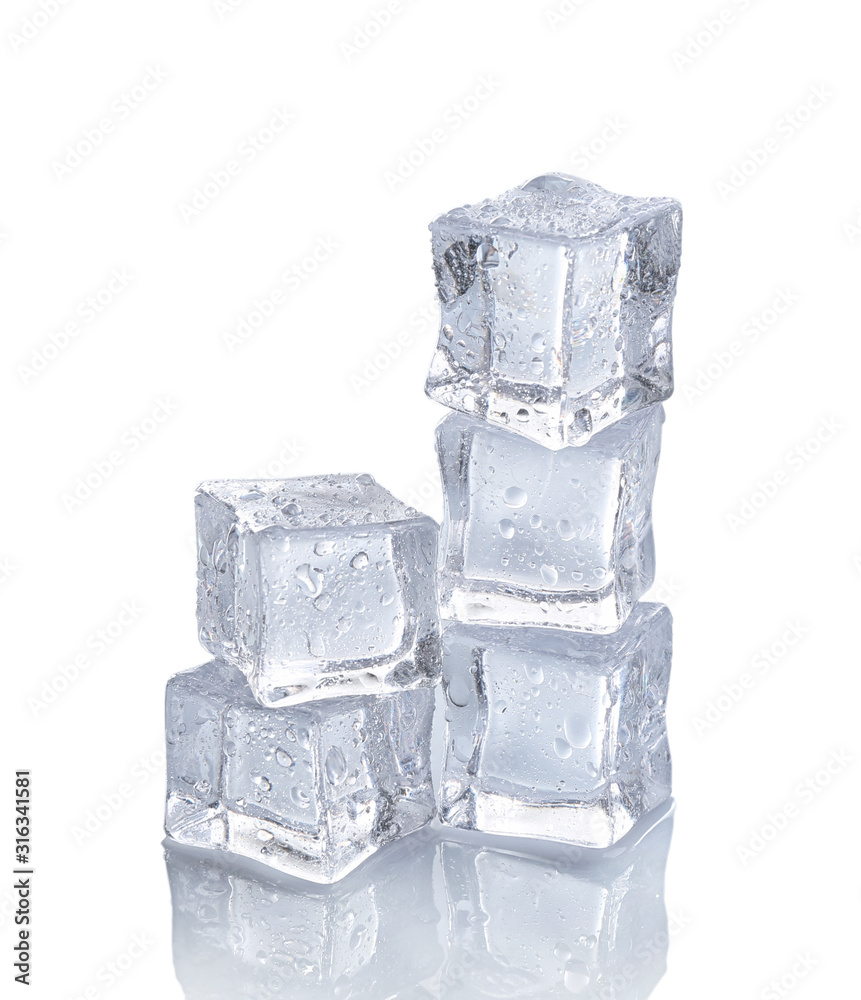 Crystal clear ice cubes with water drops isolated on white