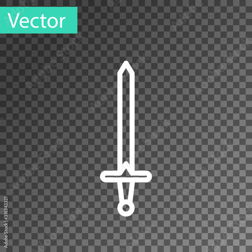 White line Medieval sword icon isolated on transparent background. Medieval weapon. Vector Illustration