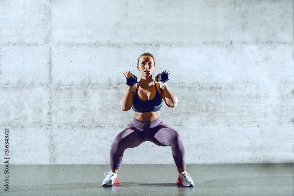 Young fit sporty brunette in sportswear with ponytail doing squats while holding dumbbells. Healthy lifestyle concept. Young fit sporty brunette in sportswear with ponytail doing squats while holding dumbbells. Healthy lifestyle concept.