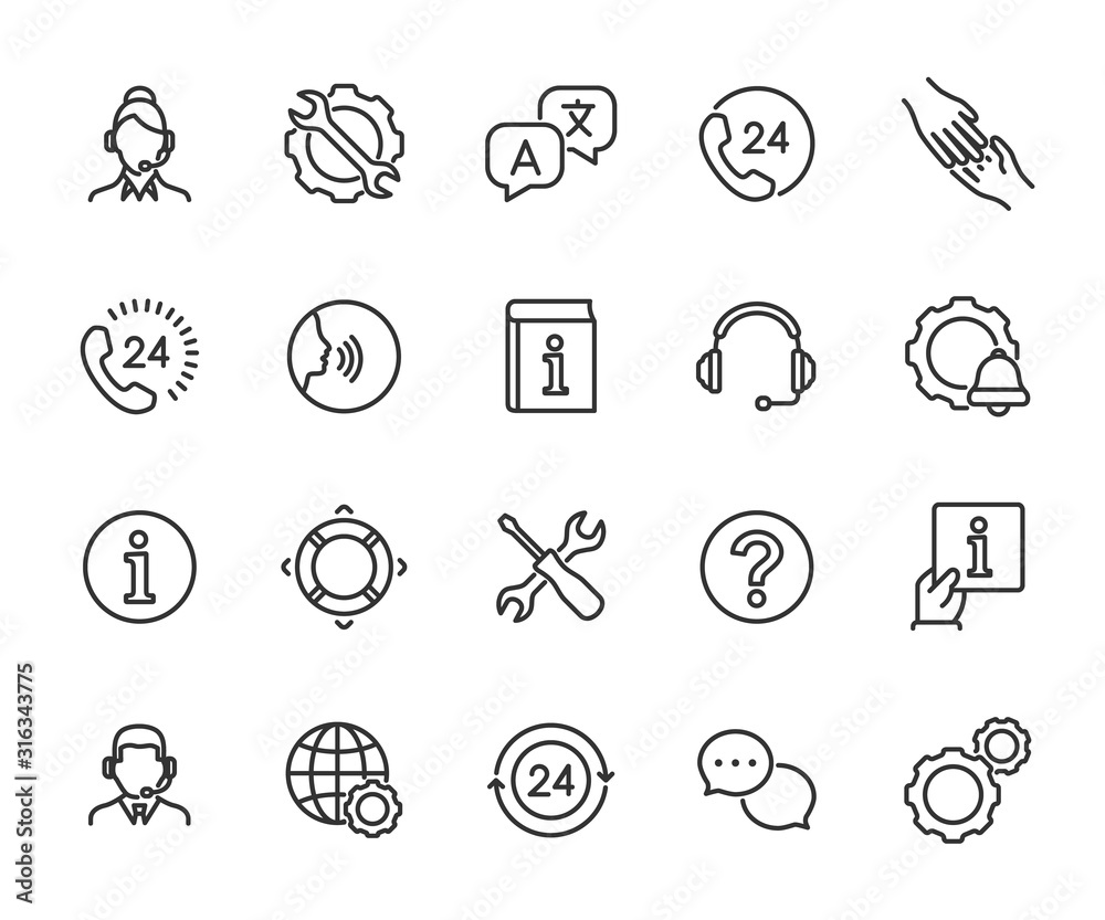 Vector set of support service line icons. Contains icons of information, help, voice assistant, translator, setting, phone assistant, online chat and more. Pixel perfect, scalable 24, 48, 96 pixels.