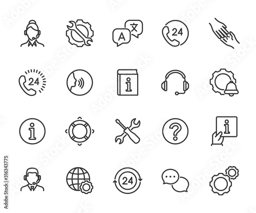 Vector set of support service line icons. Contains icons of information  help  voice assistant  translator  setting  phone assistant  online chat and more. Pixel perfect  scalable 24  48  96 pixels.