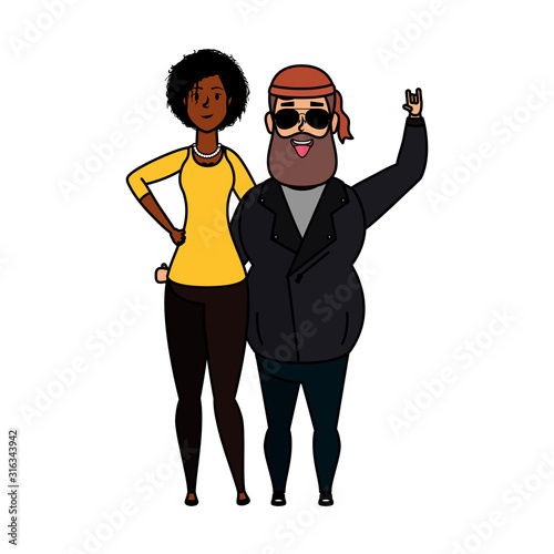 motorcyclist man with afro woman characters
