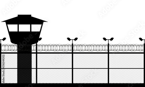 Prison tower, checkpoint, protection territory, watchtower, state border,military base. Street camera on the pillar. Fence wire mesh barbed wire, seamless vector silhouette