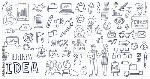 Big set with business elements and people in doodle style. Cute Vector Illustration can be used in education, bank, It, SaaS, finance, marketing and other areas.