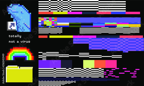 Abstract webpunk and vaporwave style background with pixeleted glitched screen and file icons. Conceptual illustration of computer viruses, ransomware, malware or adware.