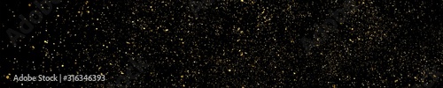 Gold Glitter Texture Isolated On Black. Amber Particles Color. Celebratory Panoramic Background. Golden Explosion Of Confetti. Long Horizontal Banner. Vector Illustration, Eps 10.