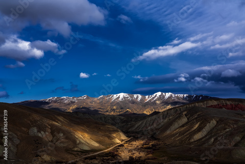 Wide angle panoramic view of the mountain peaks covered with snow