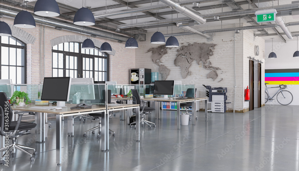 3d Illustration - Büro - Großraumbüro - Bürogebäude - Fabrikhalle - Bürofläche - Gewerbefläche - Immobilie