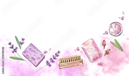 Watercolor banner with body care accessories. Spa and cosmetic products with hand painted background. Lavender soap, rose cream, flowers. Realistic illustration for beauty salon and wellness center